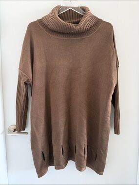 Turtleneck Longline Sweater Dress - Brown